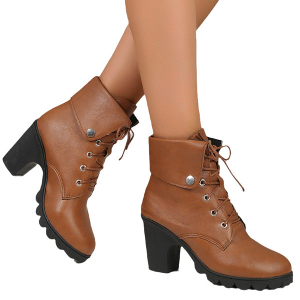 Female Plus Size Female High Heel Lace-up Round Head Ankle Boots - Aayat Mart