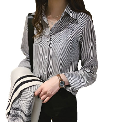 Spring Women's New Casual Student Shirt Bottoming Shirt Fashion Loose Long-Sleeved Vertical Striped Shirt