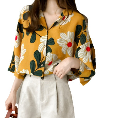 Loose Western Style Blouse Chiffon Sunscreen Shirt Retro Floral - Aayat Mart