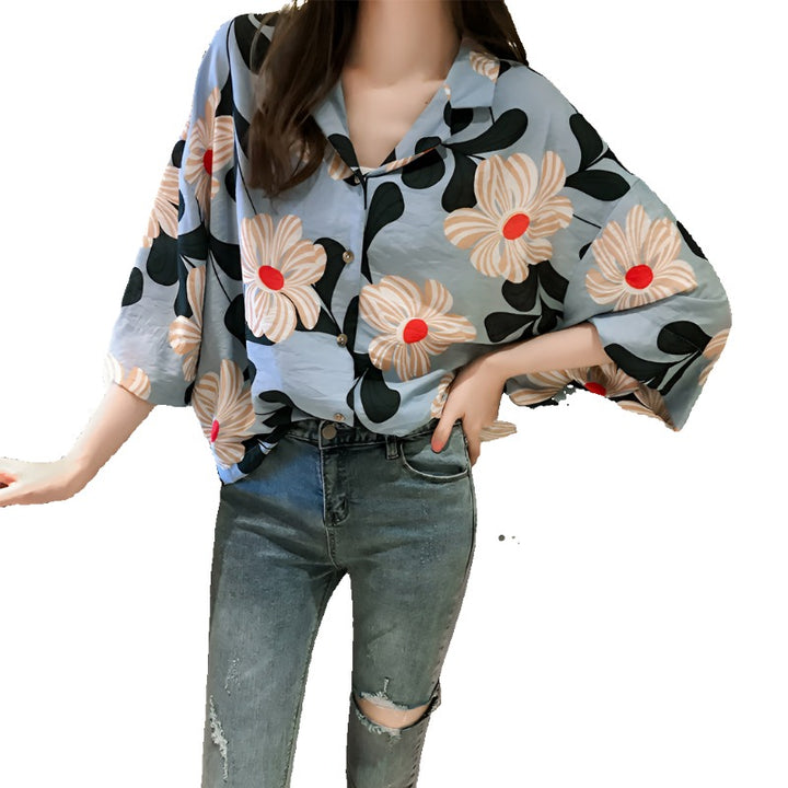 Loose Western Style Blouse Chiffon Sunscreen Shirt Retro Floral - Aayat Mart