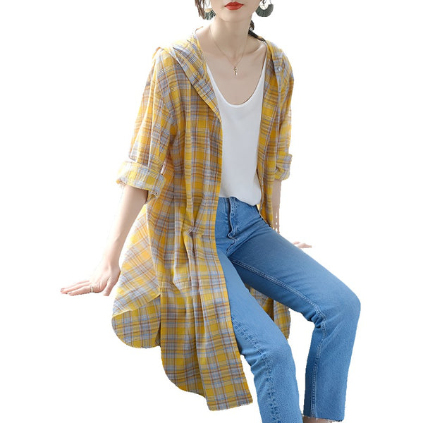 Mid-length Cotton Cardigan Fashion Plaid Loose Sunscreen Shirt - Aayat Mart