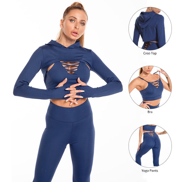 3pcs Sports Suits Long Sleeve Hooded Top Hollow Design Camisole And Butt Lifting High Waist Seamless Fitness Leggings Sports Gym Outfits Clothing - Aayat Mart