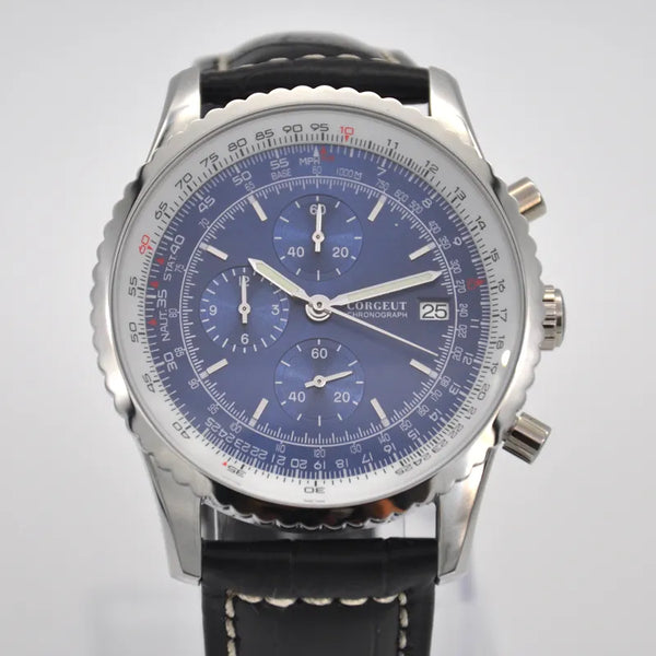 46MM Corgeut Mens Watches Top Brand Luxury Luminous blue Watch Men Leather Chronograph Quartz Watch For Male clock Auto Date