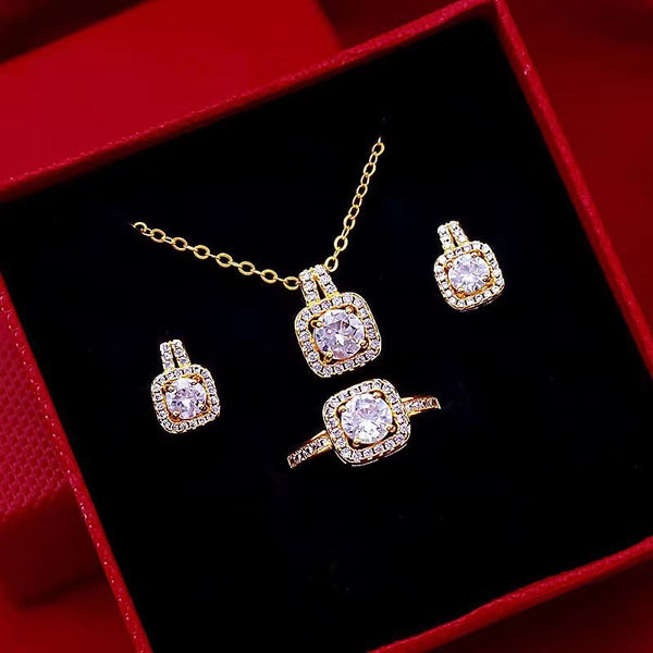 Fashion Jewelry Set Zircon Gem Pendant Chain Choker Necklace For Women Gold Color Stud Earring Statement Wedding Ring - Aayat Mart