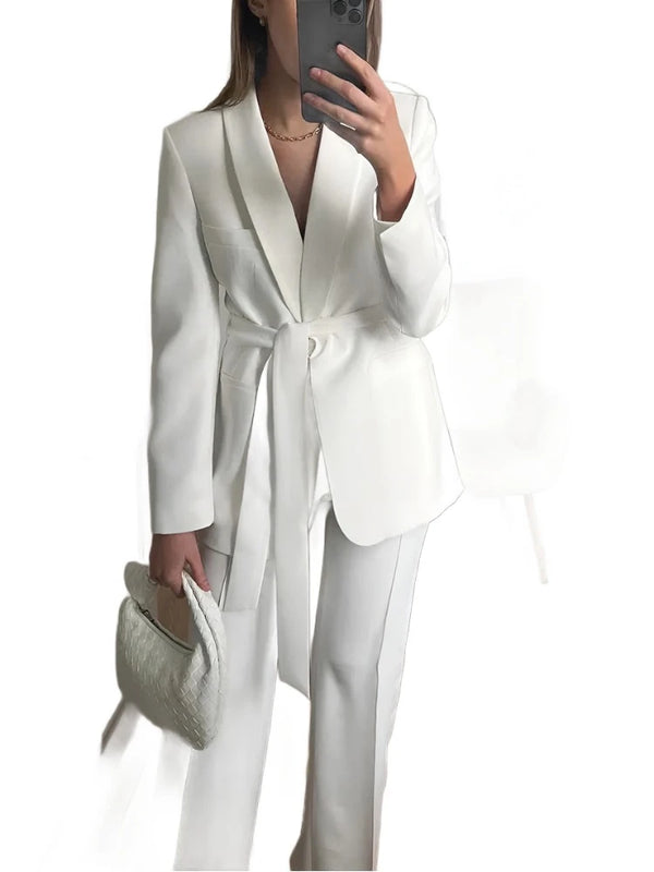 KAAAZI Office Lady White Blazer Suits Women Long Sleeve V Neck Sashes Blazer+High Waist Wide Leg Long Pants Fashion 2023 Sets