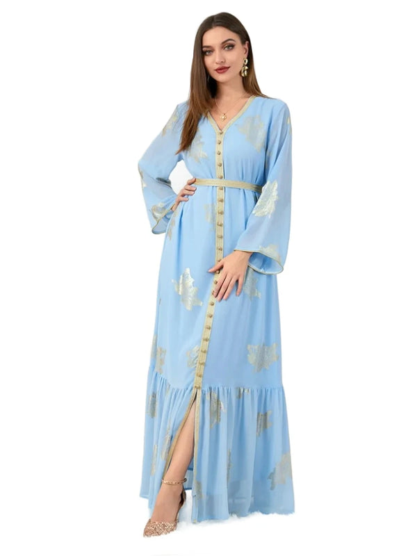 Modest Muslim Moroccan Jalabiya Dubai Abaya Dress For Women Chic Button Tape Trim V Neck Long Sleeve Gold Stamping Robe Chiffon - Aayat Mart