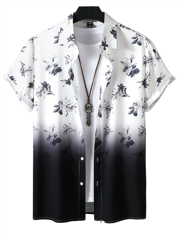 Men's Summer Bohemian Style Loose Floral Print Gradient Color Street Lapel Short Sleeve Shirt