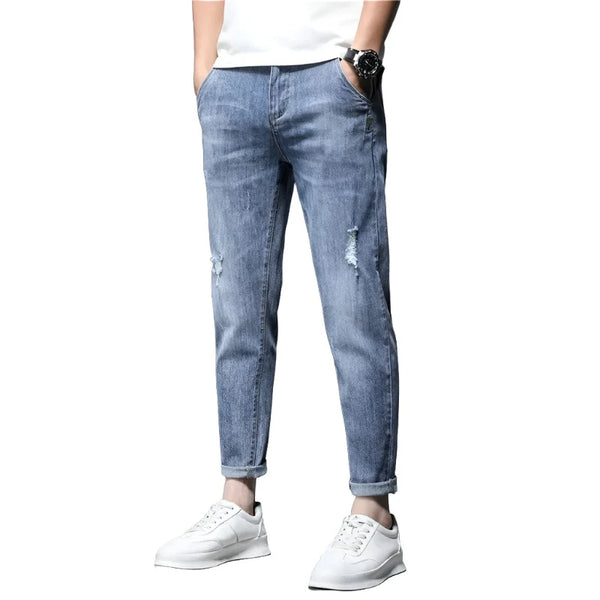 Aayat Mart Male Pants Blue / 28 High Quality Brand Autumn Stretch Cotton Hole Men's Ankle Length Jeans Streetwear Design Denim Pants Korea Casual Trousers Male