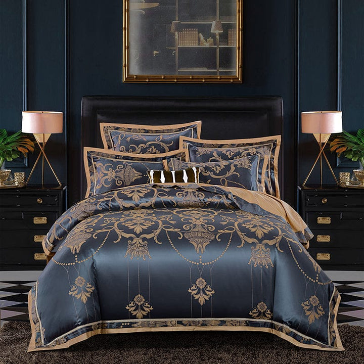 Aayat Mart Quilt And Blanket Blue gold / 200x230cm / Q4pcs European-style luxury tencel cotton satin jacquard quilt cover four-piece set six-piece set