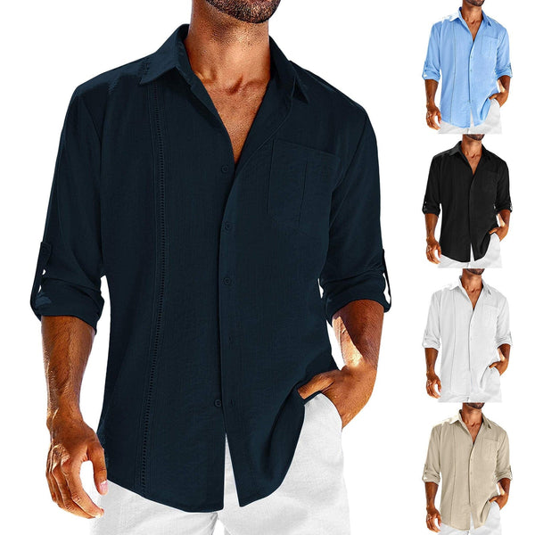 Aayat Mart Male Shirts Casual  Long Sleeve Shirt With Pocket Lace Polo Collar Solid Color Button Mens Clothing