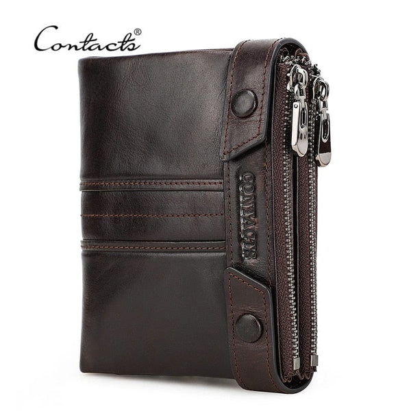 Aayat Mart 0 CONTACT'S Genuine Leather Men Wallet Double Zippers Design Coin Purse Small Mini Card Holder Wallets Rfid Money Bag Male Purses