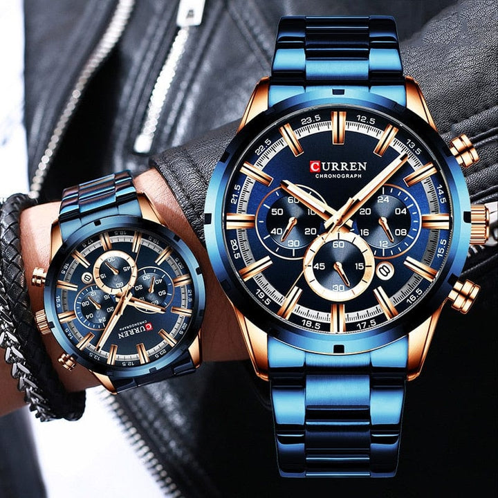 Aayat Mart 0 Curren Men's Watch Blue Dial Stainless Steel Band Date Mens Business Male Watches Waterproof Luxuries Men Wrist Watches for Men