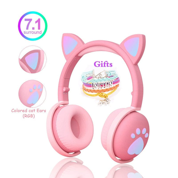 Aayat Mart 0 Cute Kids Headphones Wireless Earphones,Control LED light Cat Ear Girl Child Gift Blue-tooth Gaming Headset Stereo Bass With Mic