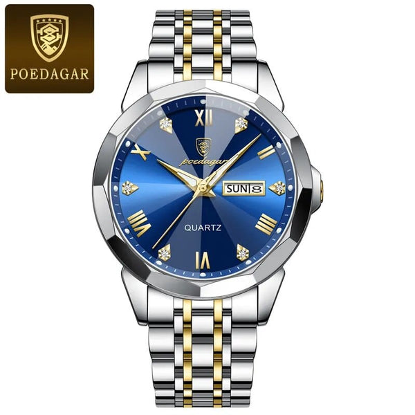 Aayat Mart Gold blue POEDAGAR Luxury Men Watch High Quality Fashion Chronograph Waterproof Luminous Date Stainless Steel Quartz Watch Man Clock Reloj