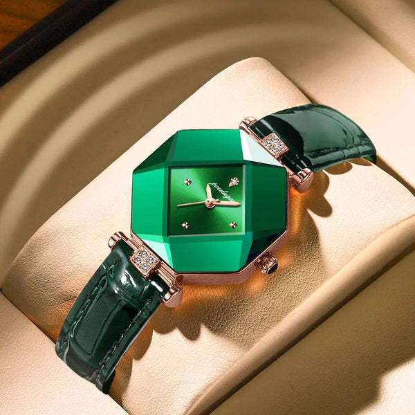 Aayat Mart Green POEDAGAR High Quality Luxury Women's Watch Diamond Quartz Waterproof Ladies Green Leather Watches Fashion Exquisite DropShipping