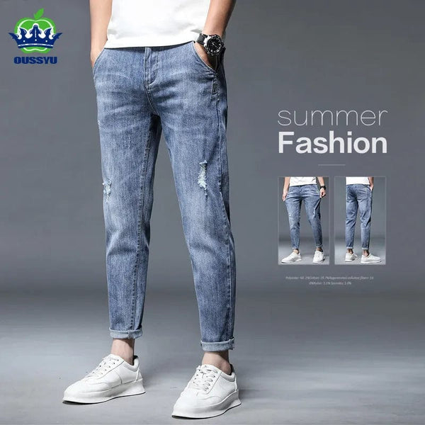 Aayat Mart Male Pants High Quality Brand Autumn Stretch Cotton Hole Men's Ankle Length Jeans Streetwear Design Denim Pants Korea Casual Trousers Male