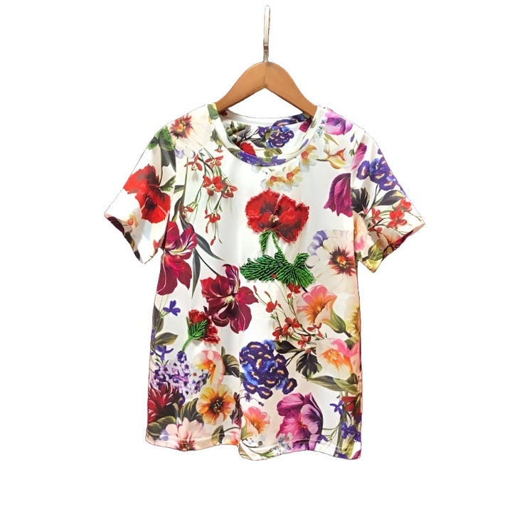Aayat Mart 0 High Street Summer Vintage Printed Flowers T-Shirts Women Loose Fit O-Neck Short Sleeve Pullover Tops Female Beading Luxury Tees