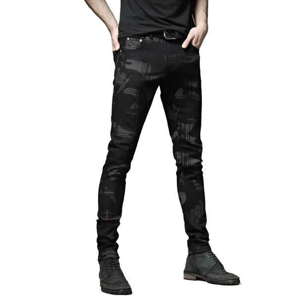 Aayat Mart New European and American style men's male black jeans slim trend print pants hip-hop summer casual denim trousers