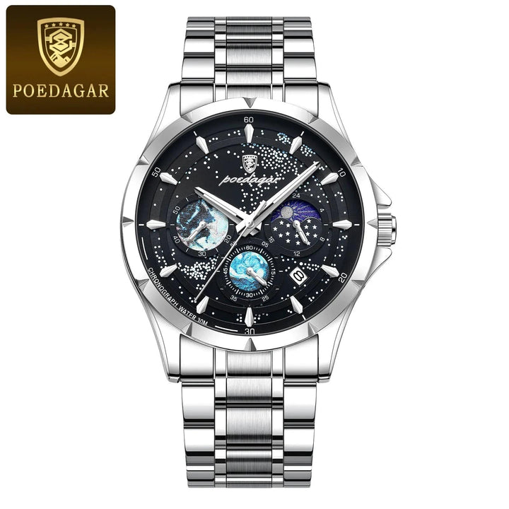 Aayat Mart Silver Black S / CN POEDAGAR Casual Man Wristwatch Luxury Waterproof Luminous Date Men Watch Chronograph Stainless Steel Men's Quartz Watches Clock