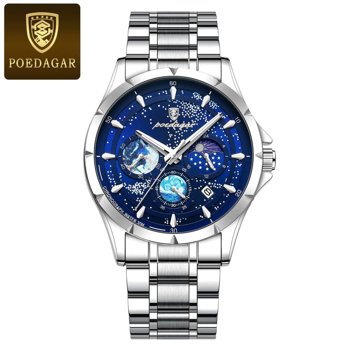 Aayat Mart Silver Blue S / CN POEDAGAR Casual Man Wristwatch Luxury Waterproof Luminous Date Men Watch Chronograph Stainless Steel Men's Quartz Watches Clock