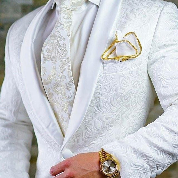 Aayat Mart Male Suits White / 2XL Custom Size Jacquard Groomsmen White Groom Tuxedos Shawl